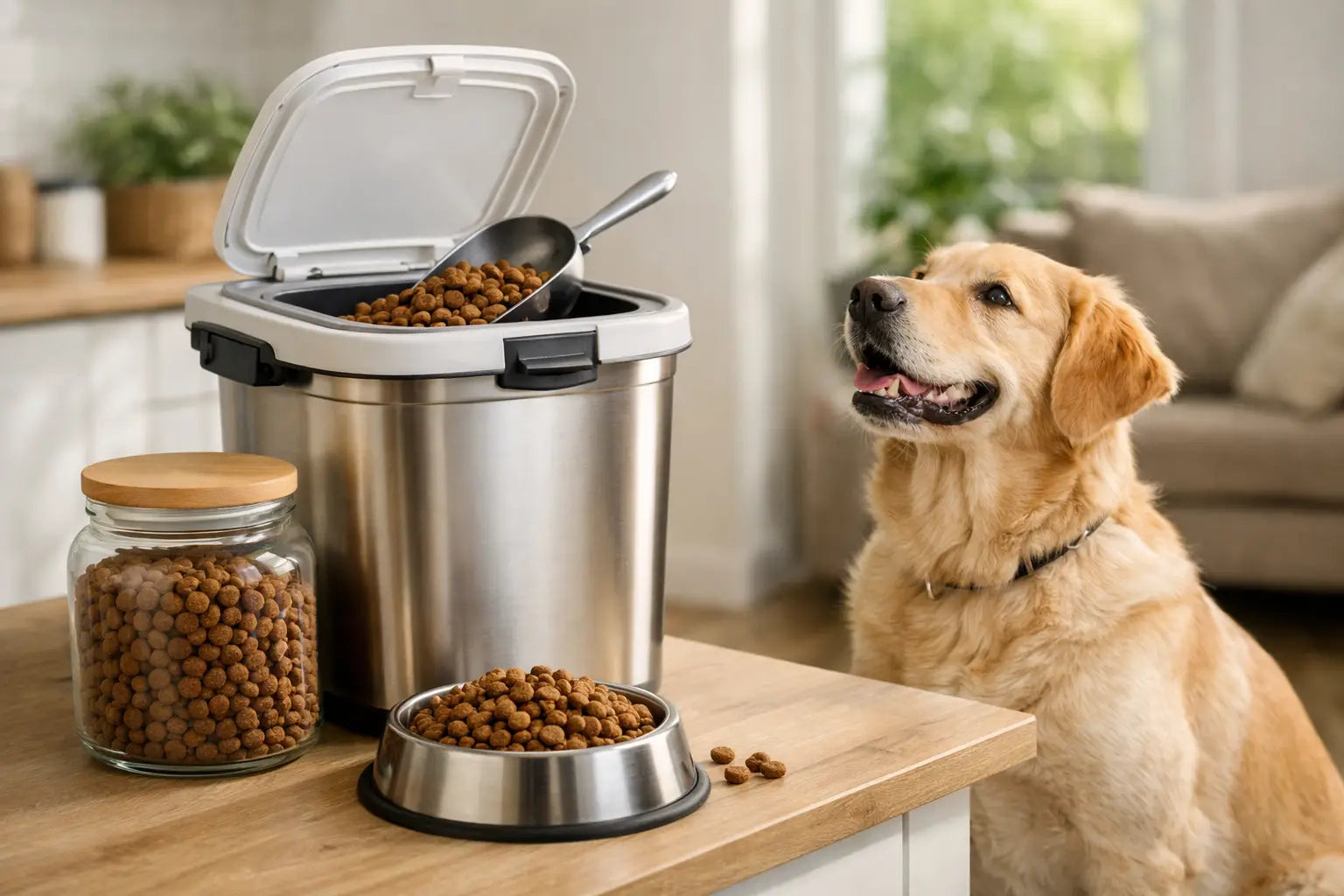 Foderopbevaring til hund holder foderet friskt