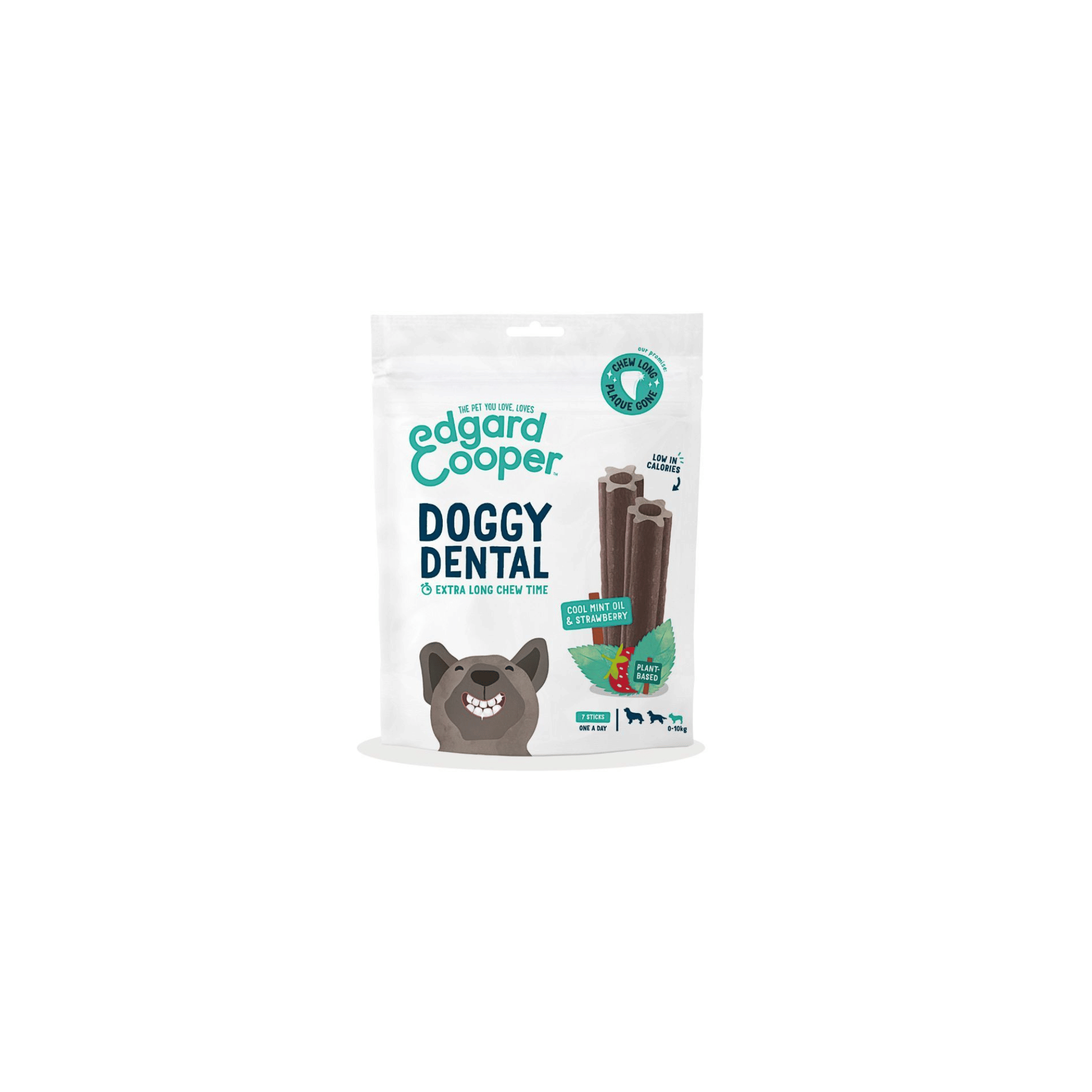Edgard & Cooper Doggy Dental chews bag, extra long chew time with mint oil and strawberry flavor.