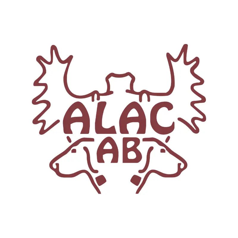 ALAC LAB logo med gevirer øverst og to hundehoveder nederst i rød på hvid baggrund.