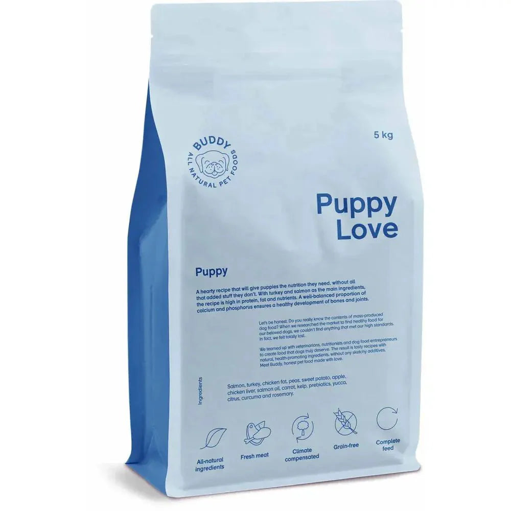 Buddy Puppy Love hvalpefoder i 5 kg pose med naturlige ingredienser og komplet ernæring