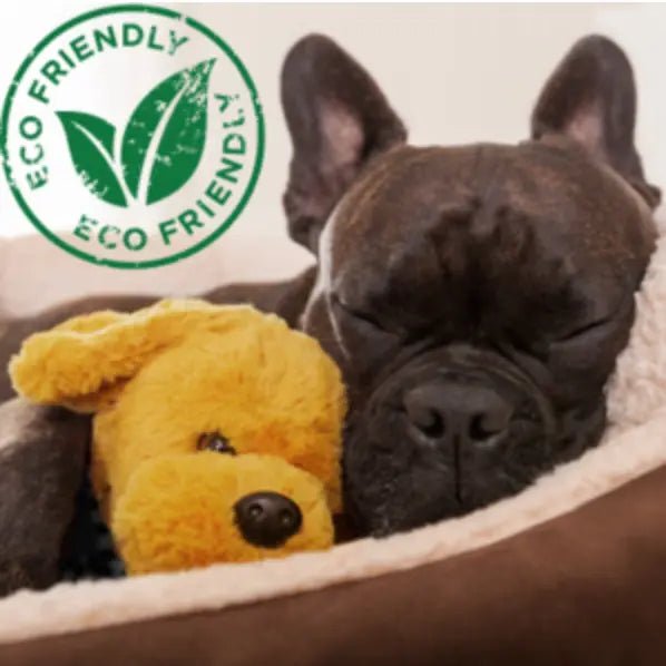 Sovende hund med bæredygtigt hundelegetøj, orange plyslegetøj og Eco Friendly mærkat.