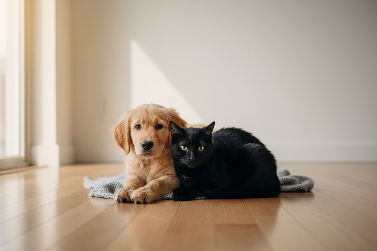 Adfærd og utryghed: golden retriever-hvalp og sort kat ligger tæt sammen på lyst trægulv ved vindue.