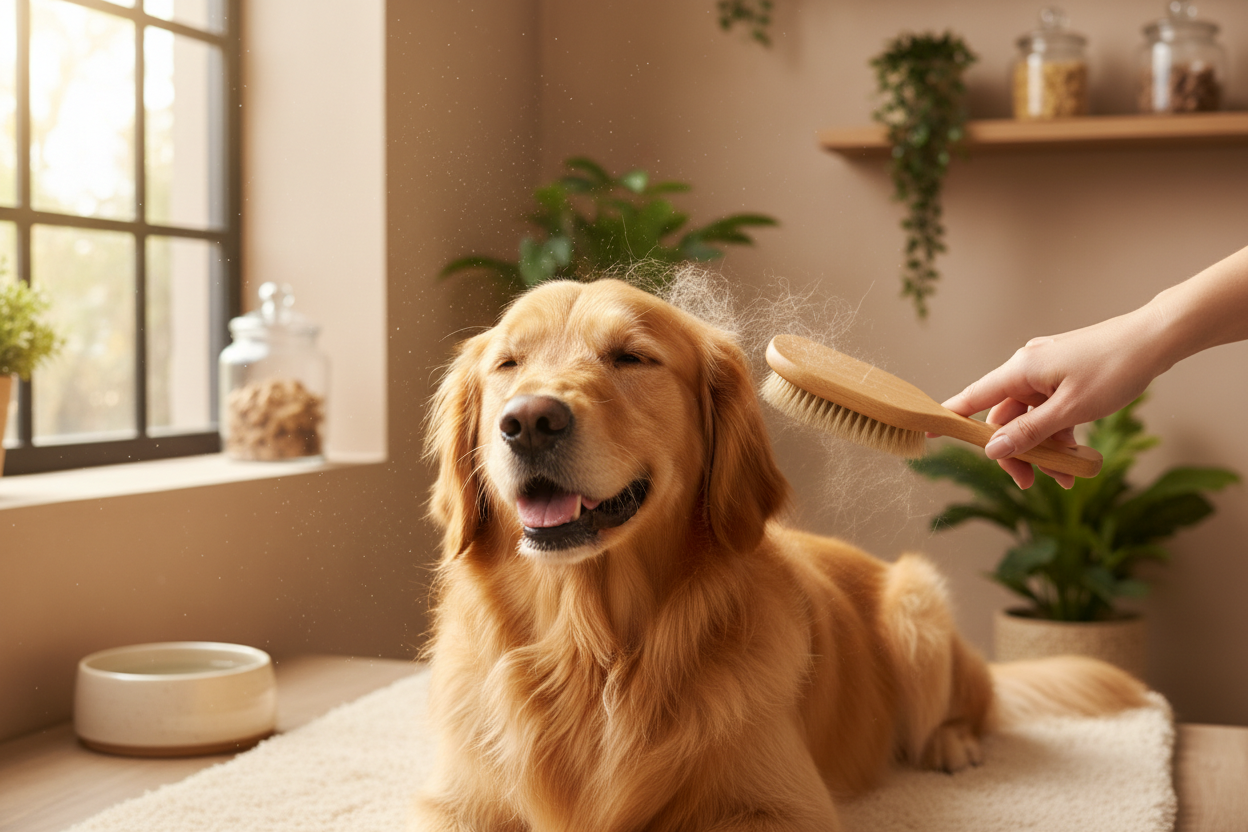 Glad golden retriever får pelspleje med træbørste i hjemmet; børster, karter og kamme anvendes.