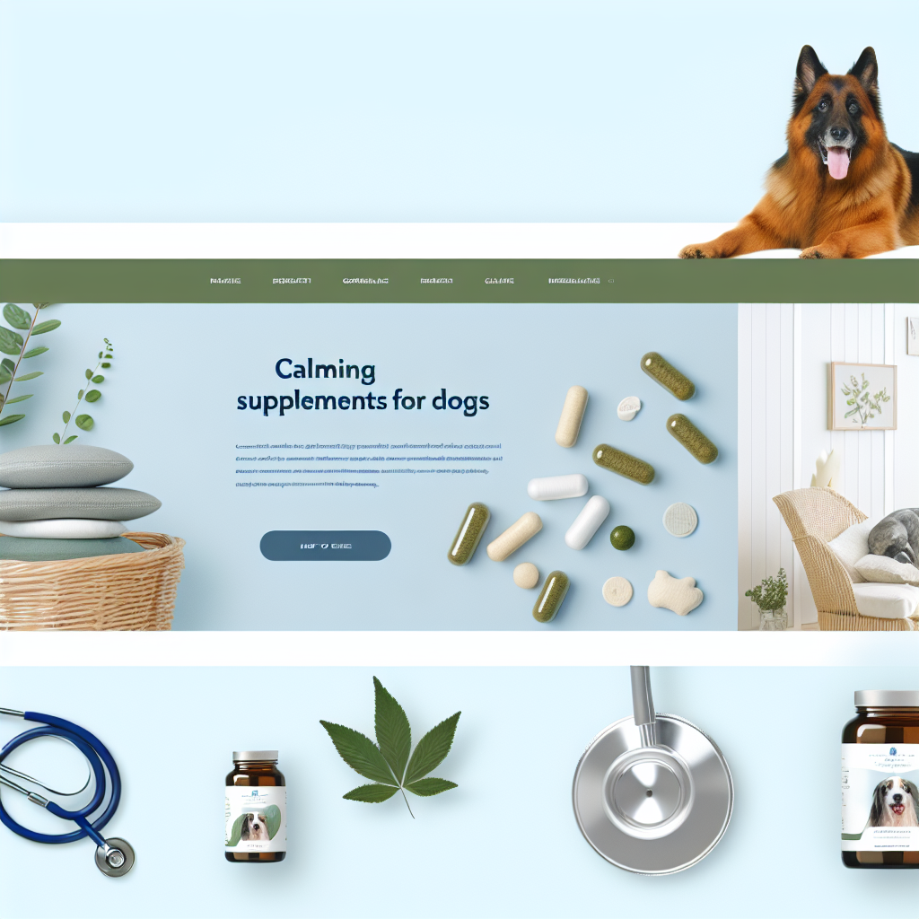 Beroligende tilskud til hunde – banner med kapsler på blå baggrund og hund i øverste højre.