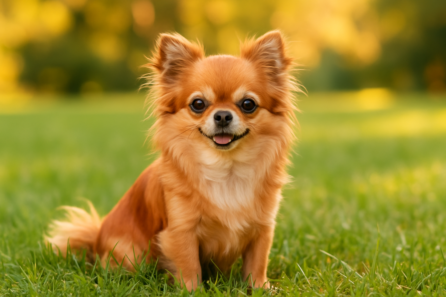 Små Hunde Under 10 Kg: sød lille hund i græsset med fluffy pels