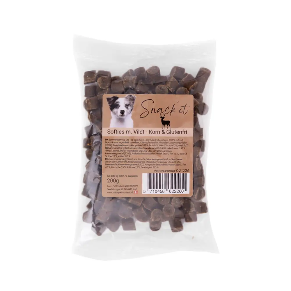 Snack'it Softies med Vildt 200 g er bløde træningsgodbidder til hunde
