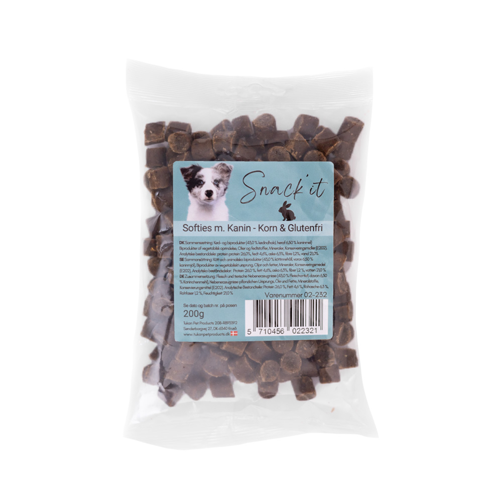 Snack’it Softies med kanin er semi-bløde, korn- og glutenfri godbidder udviklet til hunde, der har brug for en mild, letfordøjelig og ofte allergivenlig proteinkilde.