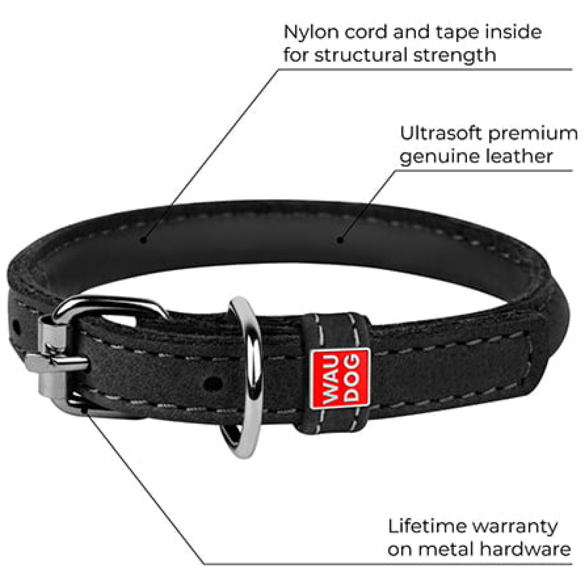 Hundehalsbånd - Waudog Soft Rundsyet Læderhalsbånd – Sort - FjeldgaardShop.dk Halsbånd Wauwdog