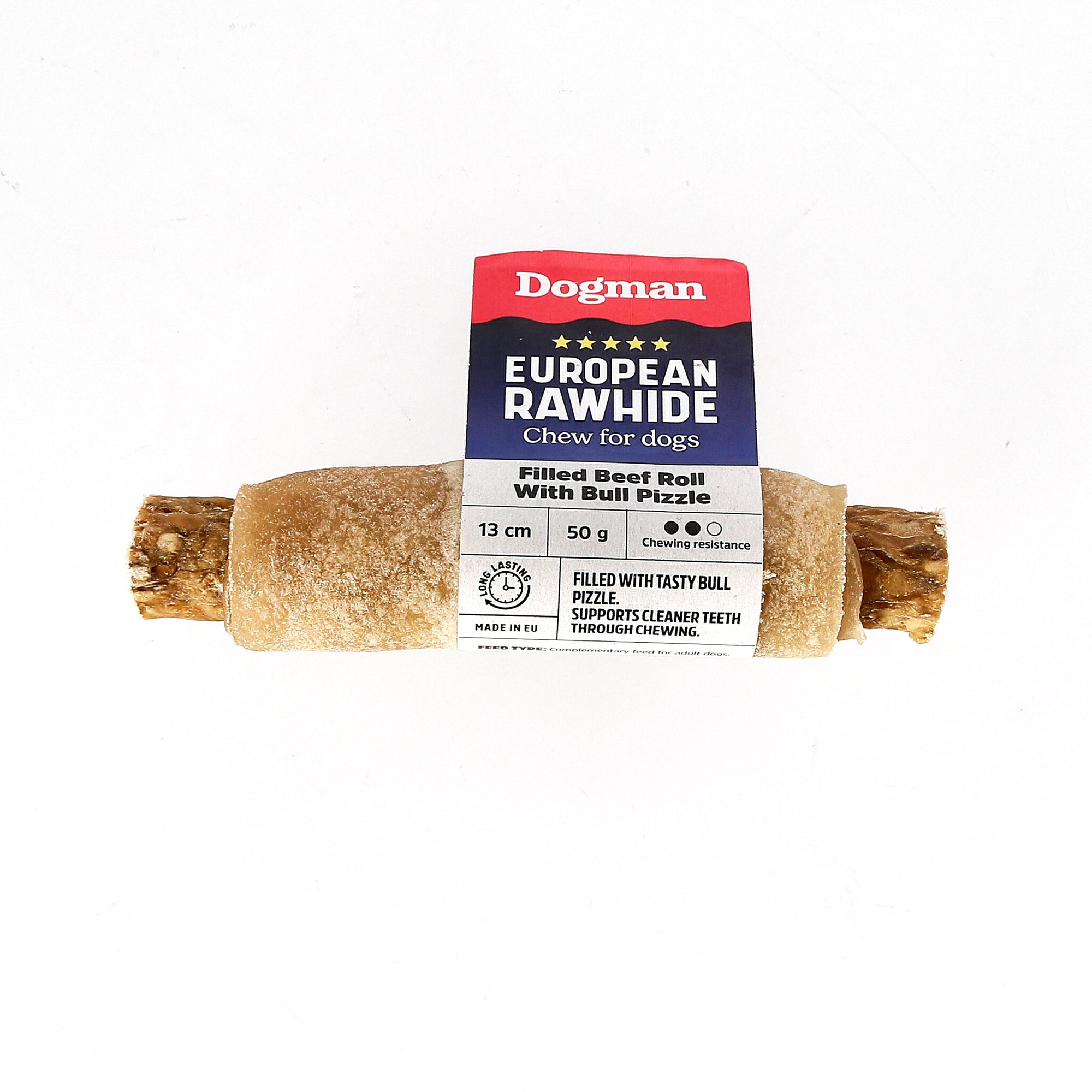 Dogman råhudfyldt okserulle 13 cm med oksemuskel