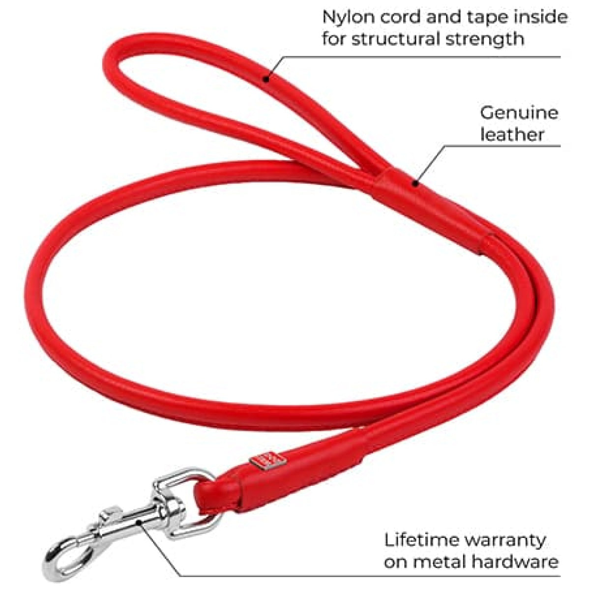 Waudog rundsyet læder førerline, 122cm/6mm. Rød