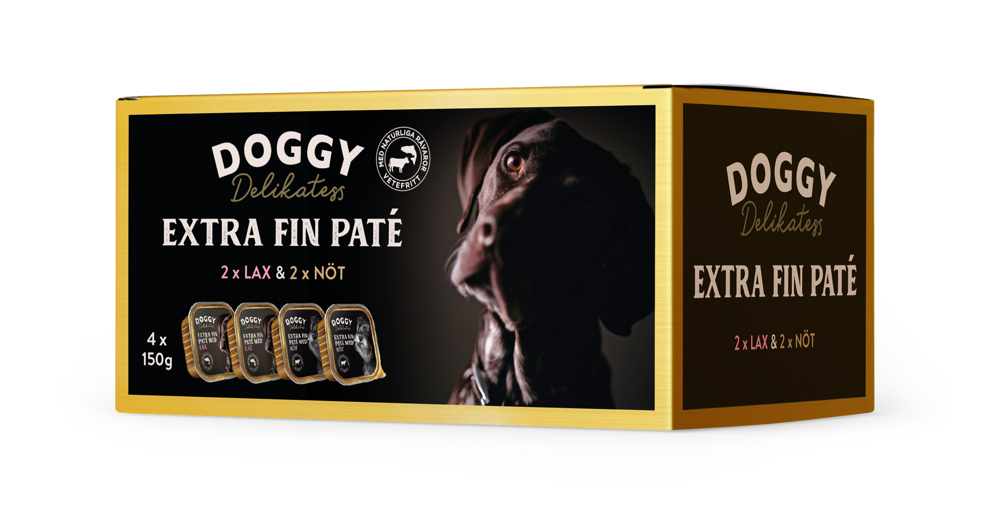 Vådfoder - Doggy Delikatesse Paté Laks & Okse 4x150 gr. Kornfri - FjeldgaardShop.dk Vådfoder/dåsefoder til hunde Doggy