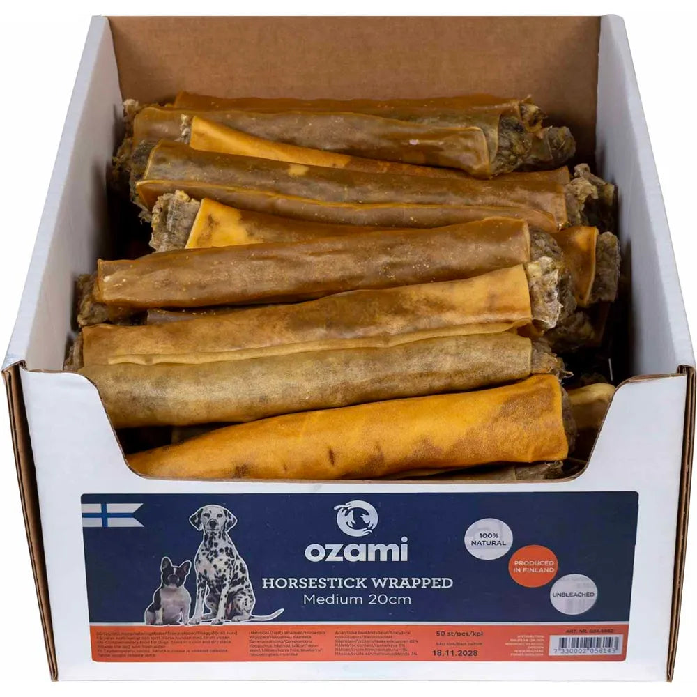 Tyggeben - Nordisk Ozami Häststick Medium med hestekød og blåbær 20 cm. - FjeldgaardShop.dk Naturlige tyggeben Nordisk Ozami