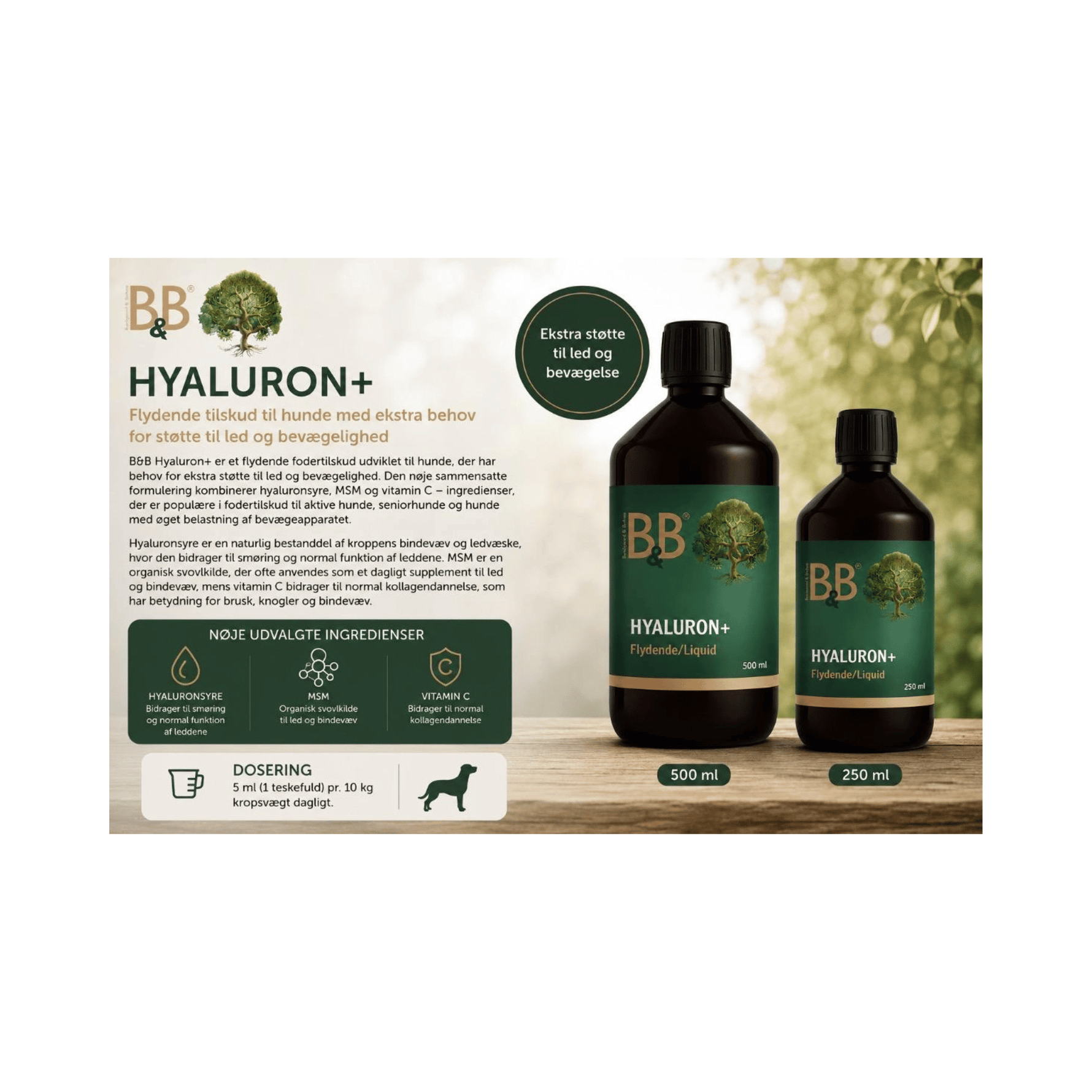 B&B Hyaluron+ flydende fodertilskud til hund med hyaluronsyre MSM og vitamin C