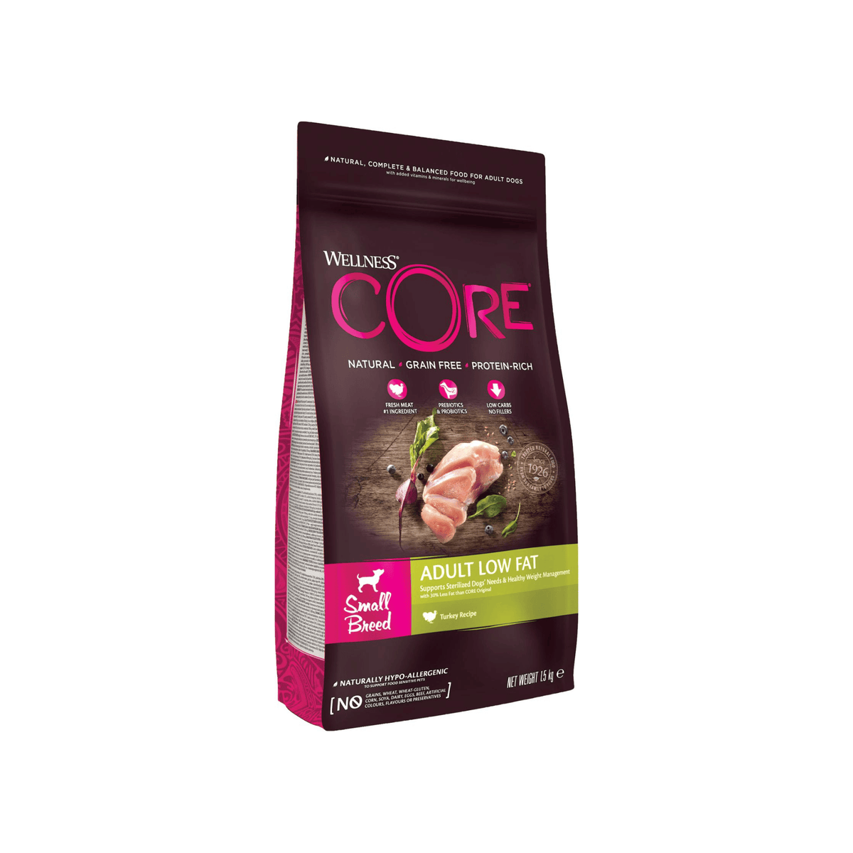 Wellness CORE Small Breed Adult Low Fat 1,5 kg kornfrit tørfoder til små voksne hunde