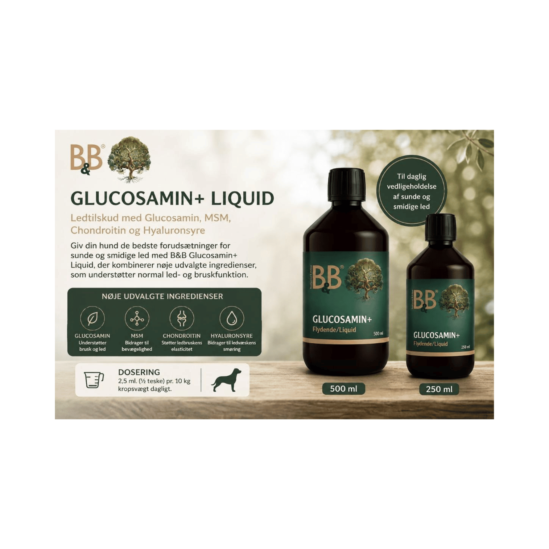 B&B Glucosamin+ Liquid flydende ledtilskud til hund med glucosamin MSM og chondroitin