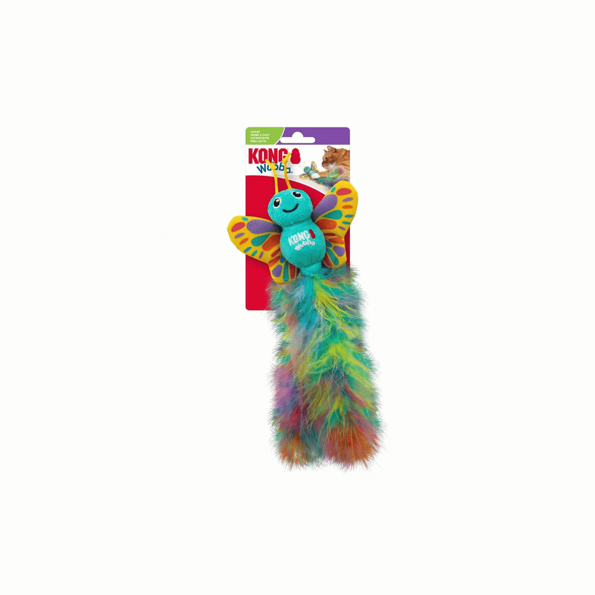 KONG Cat Wubba Butterfly kattelegetøj med catnip, fjer, knitrende vinger og rangle pakning