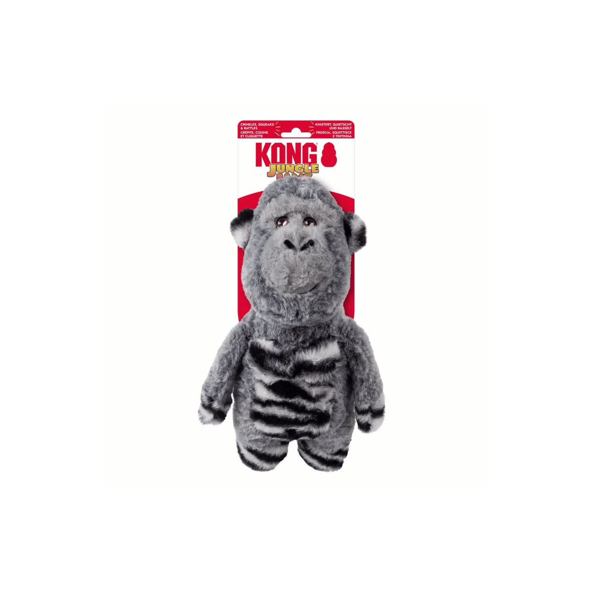 KONG Jungle Jamz Gorilla M/L gråt plyslegetøj med piv, knitren og rangle til hund