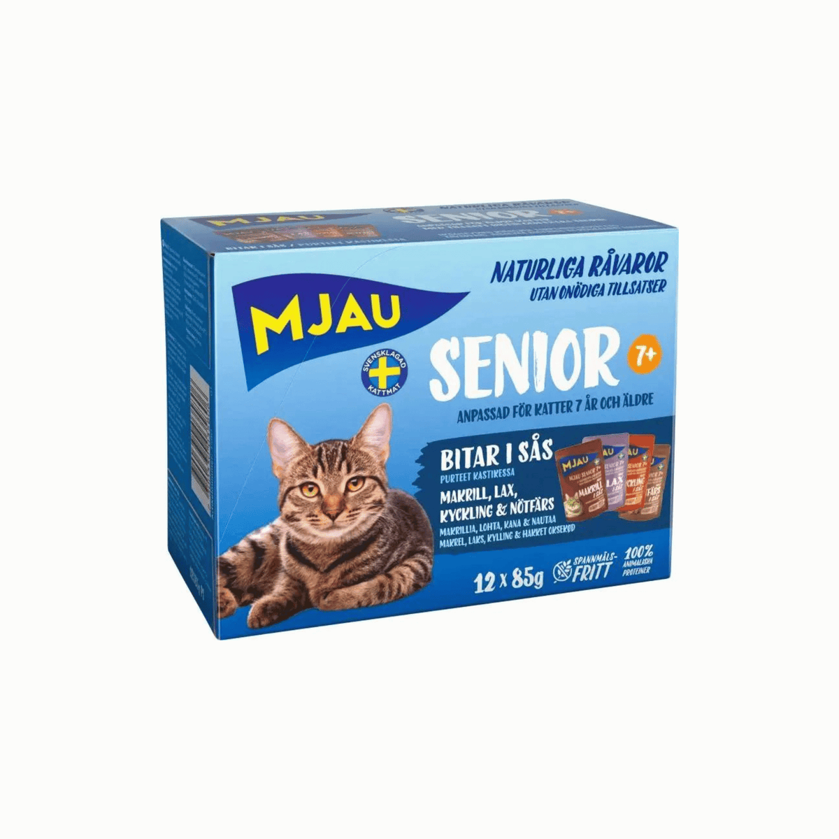 Mjau Senior+7 Multibox Kød og Fisk i Sauce 12x85 g vådfoder til seniorkat