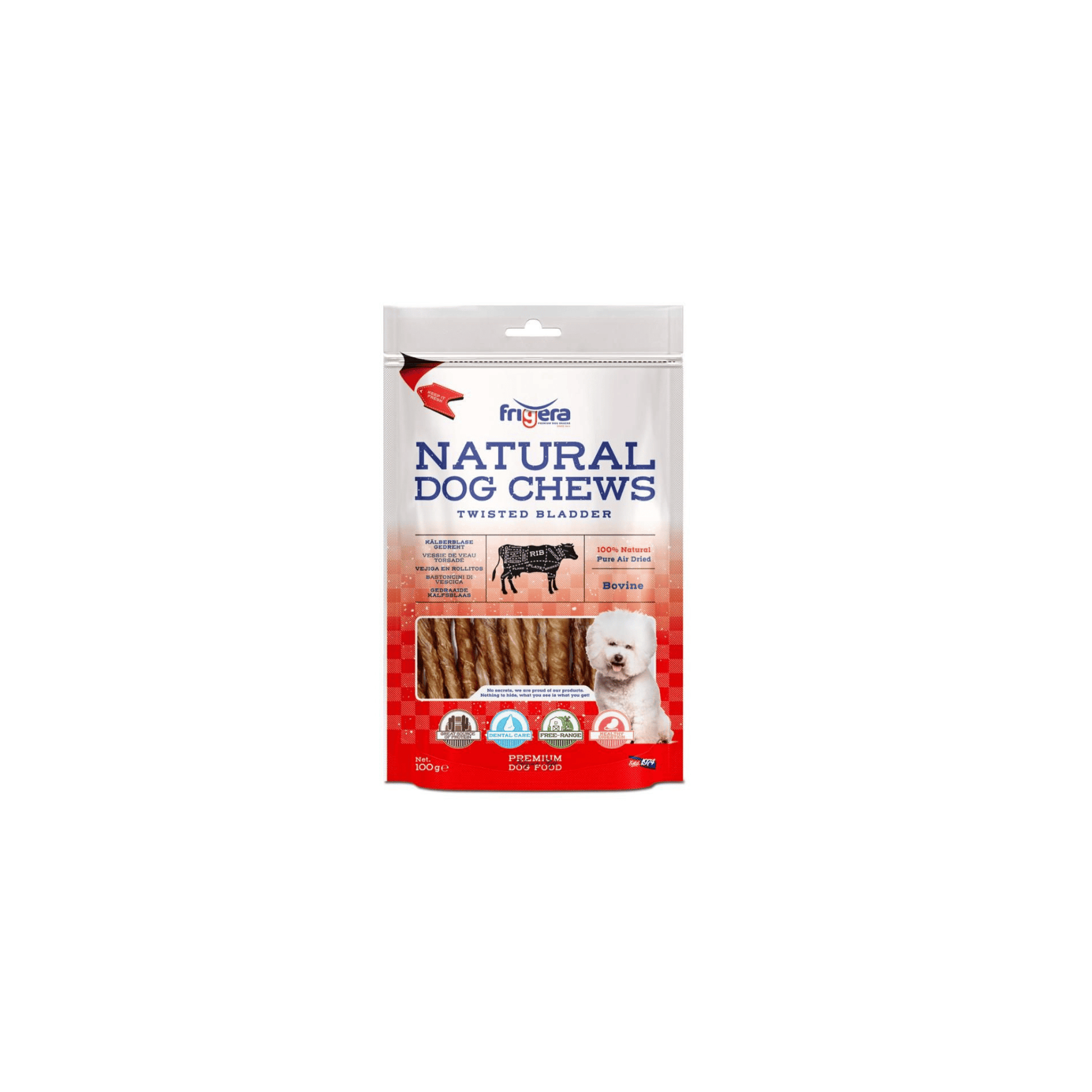 Natural Dog Chews Okseblære 100 g snoede tyggepinde til hund af tørret okseblære pose front