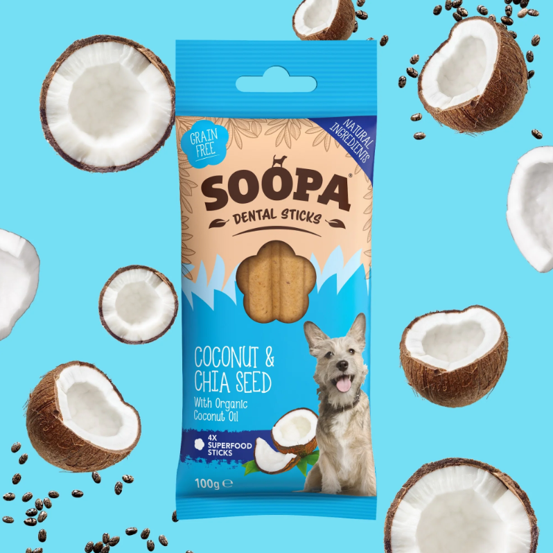Hundegodbid - SOOPA Dental Sticks Coconut & Chia Seed 100 gr. - FjeldgaardShop.dk Veganske hundesnacks SOOPA