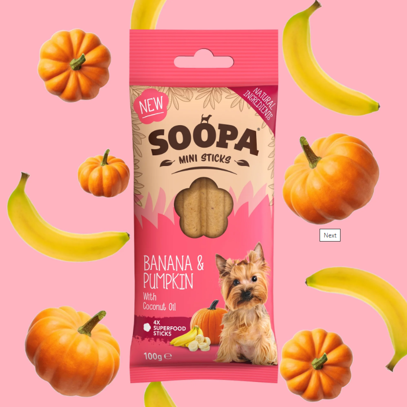 Hundegodbid - SOOPA Dental Mini Sticks Banan & Græskar 100 gr. - FjeldgaardShop.dk Veganske hundesnacks SOOPA