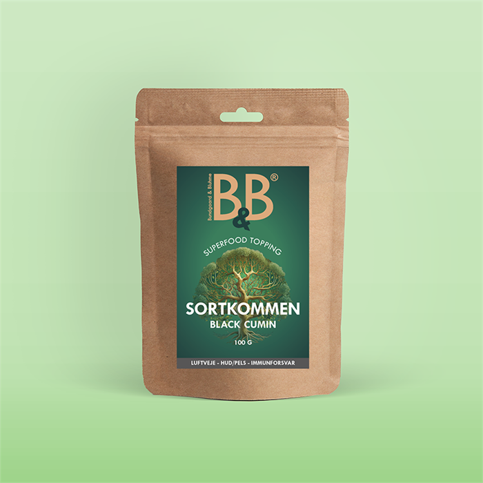 Fodertilskud - B&B Sortkommen – Topping 100 gr. - Naturlig pelspleje - FjeldgaardShop.dk Tilskudsfoder B&B