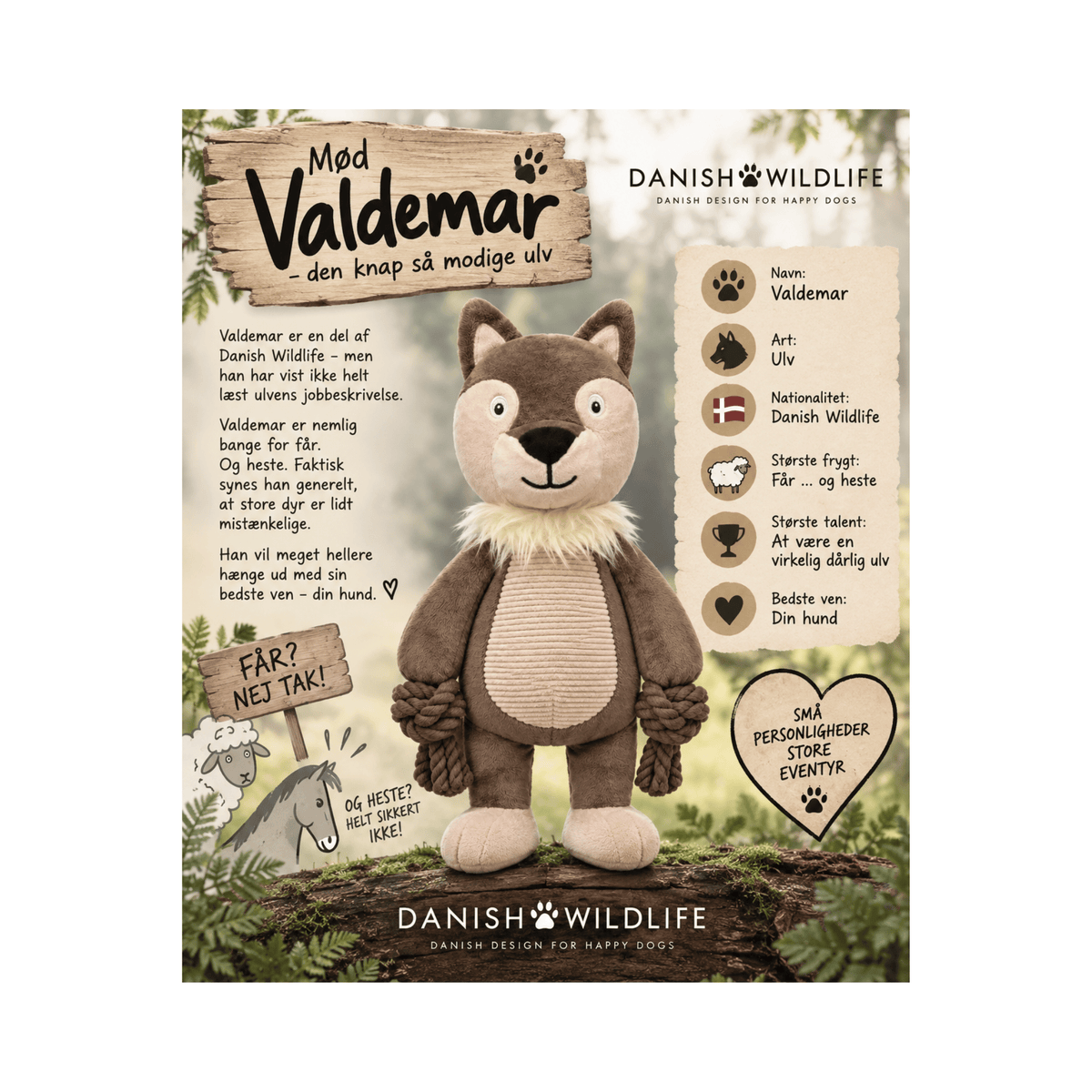 Danish Wildlife Ulv Valdemar 37 cm hundelegetøj med knitrende hale og aftagelig squeaker