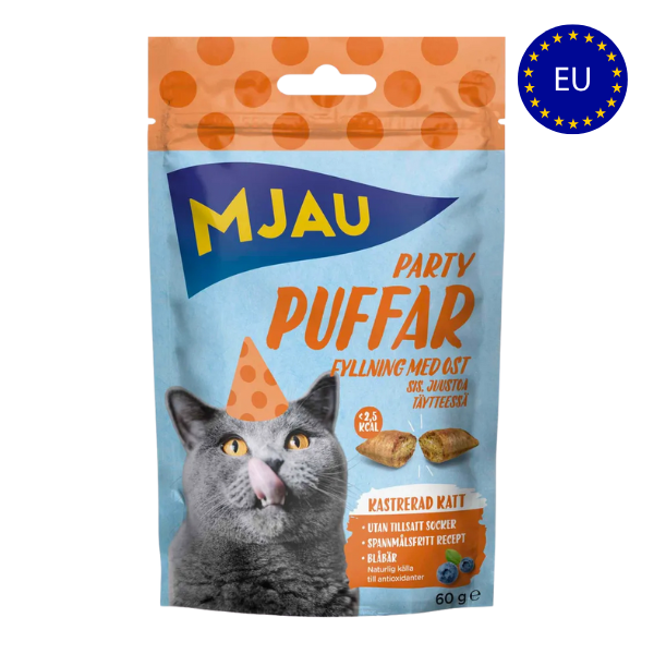 Mjau Party Puffs Ost 60 gr. Kornfrie - FjeldgaardShop.dk Kattegodbidder Doggy