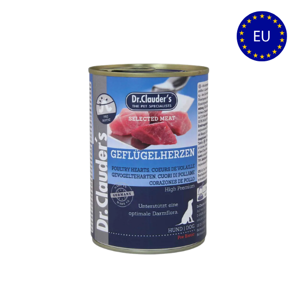 Vådfoder - Dr.Clauder´s Selected Meat Poultry Hearts 400 gr. - FjeldgaardShop.dk Vådfoder/dåsefoder til hunde Dr. Clauder's