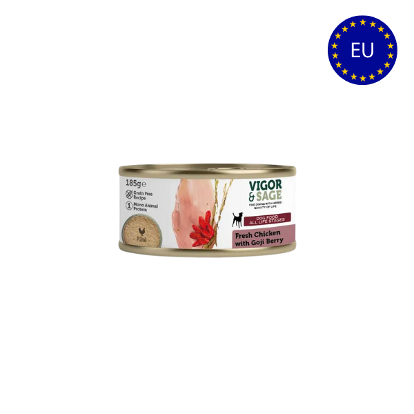 Vådfoder - Vigor & sage Gojibær & Frisk Kylling 185 gr. - FjeldgaardShop.dk Vådfoder/dåsefoder til hunde Vigor & Sage