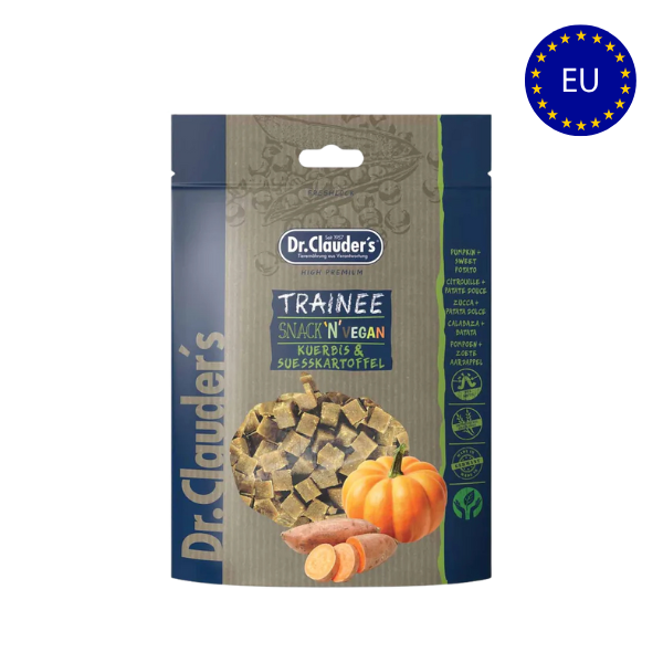 Dr. Claudes Trainee Vegansk Græskar & Sød Kartoffel 80 gr.(EU) - FjeldgaardShop.dk Veganske hundesnacks Dr. Clauder's