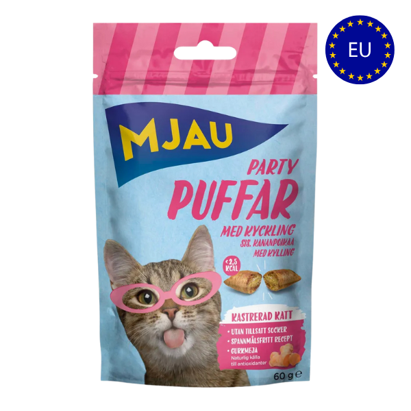 Mjau Party Puffs Kylling 60 gr. - FjeldgaardShop.dk Kattegodbidder Doggy