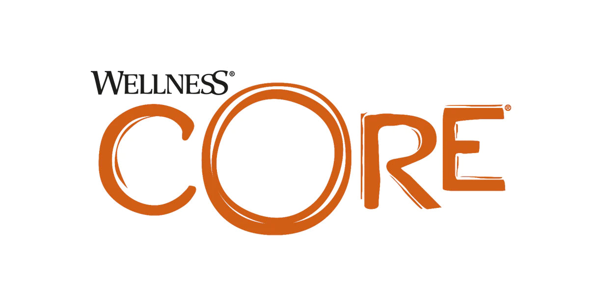 Wellness CORE logo i sort og orange tekst på hvid baggrund, dyrefoder relateret.