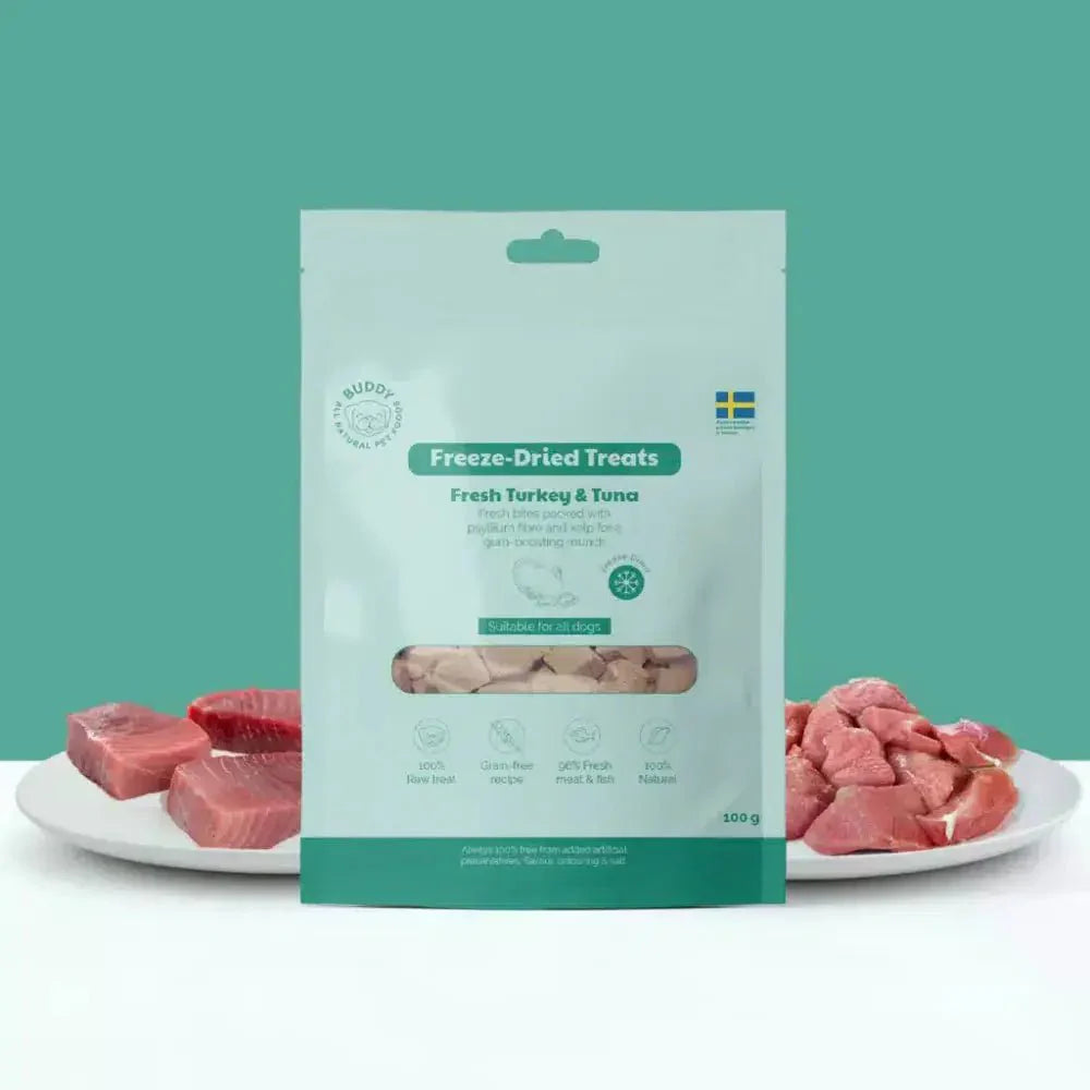 Buddy Freeze-dried Treats Raw Turkey & Tuna 100 gr.(EU) - FjeldgaardShop.dk Godbidder & snacks til hunde Buddy
