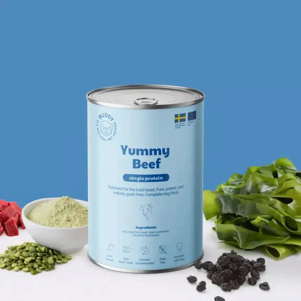 Vådfoder - Buddy Yummy Beef 400 gr. Kornfri - FjeldgaardShop.dk Vådfoder/dåsefoder til hunde Buddy