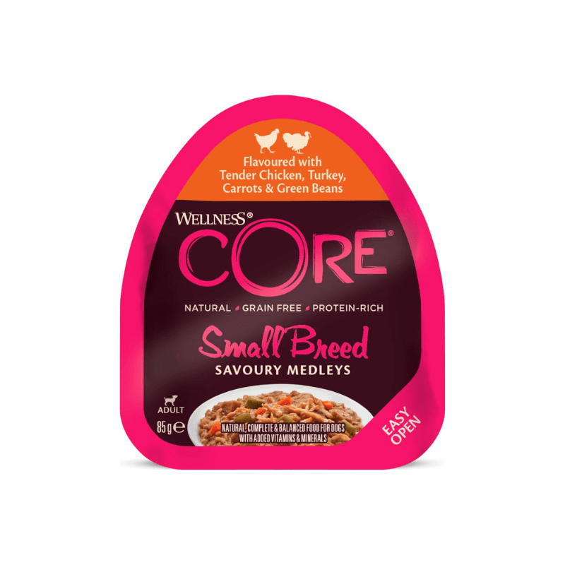 CORE Savoury Medleys Small breed, kylling og kalkun 85 gr. udgår - FjeldgaardShop.dk Vådfoder/dåsefoder til hunde Wellness Core