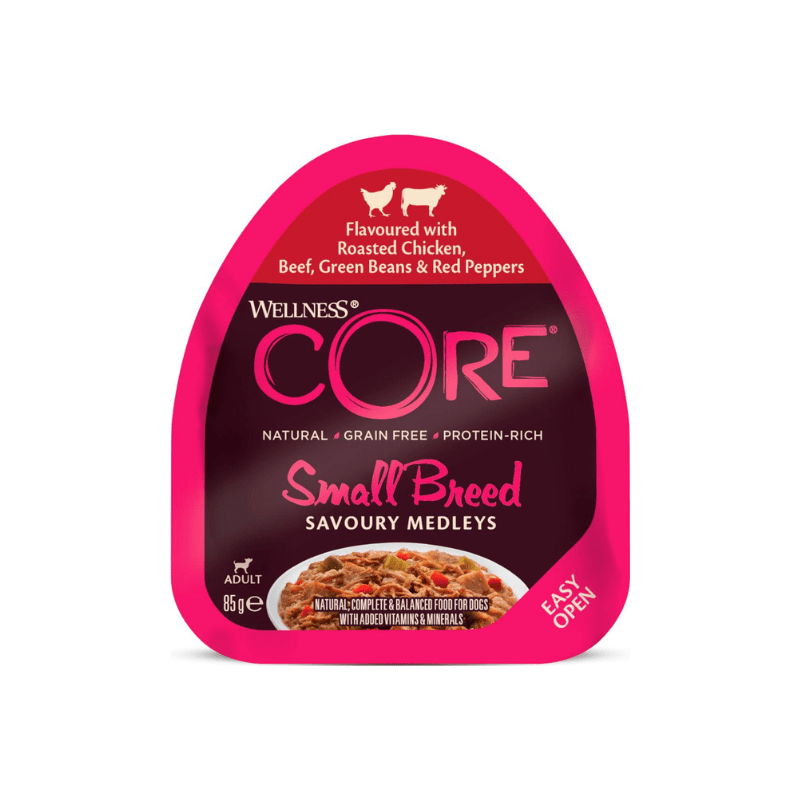 CORE Savoury Medleys Small breed, kylling og oksekød 85 gr. udgår - FjeldgaardShop.dk Vådfoder/dåsefoder til hunde Wellness Core