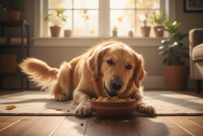 en hund, der spiser godbidder, eller en ejer, der pakker en bæredygtig ordre ud