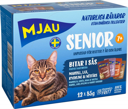 Mjau Senior+7 vådfoder Multibox Kød & fisk i sovs - 12x85g