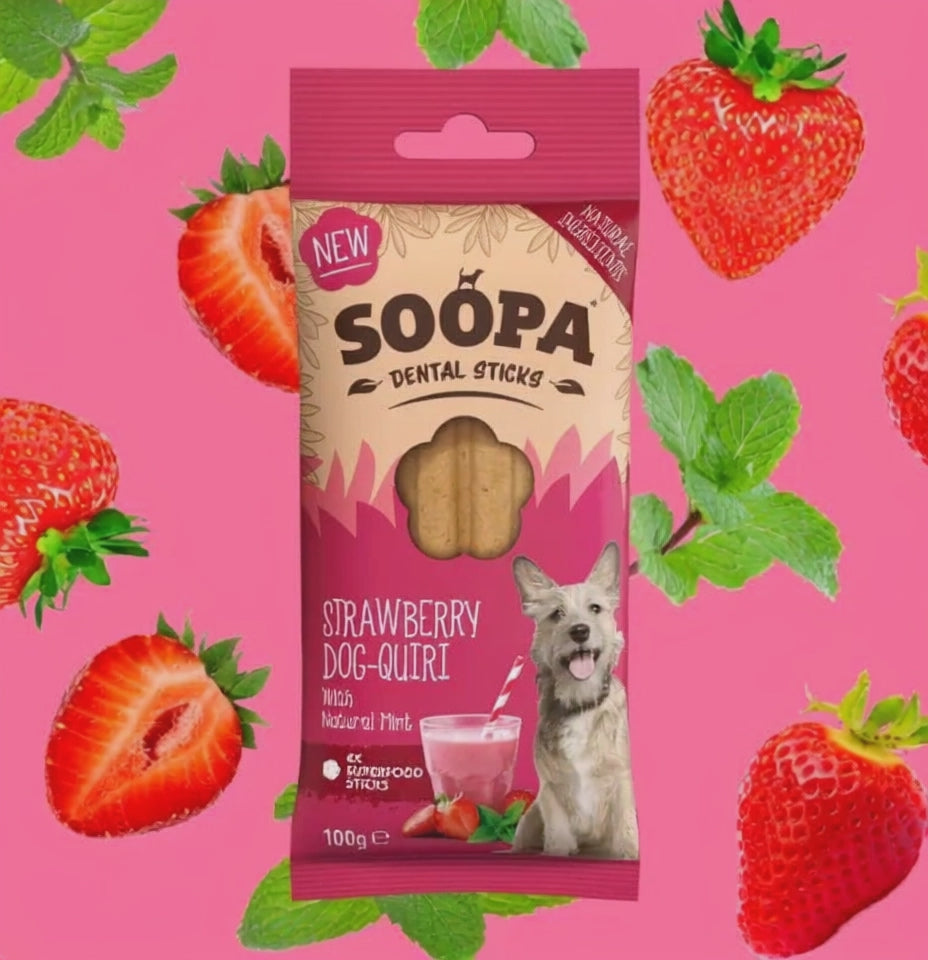 Charger la vidéo : Hundegodbid - SOOPA Dental Sticks Strawberry Dog-Quiri 100 gr.