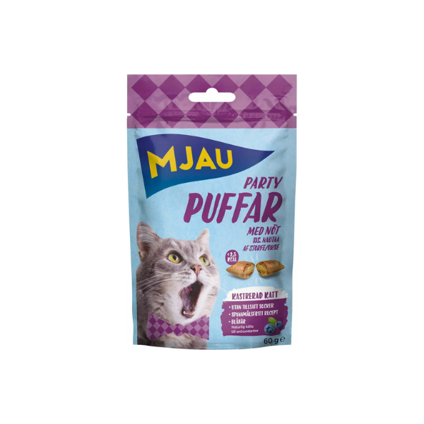 Mjau Party Puffs Oksekød 60 gr. - FjeldgaardShop.dk Kattegodbidder Doggy