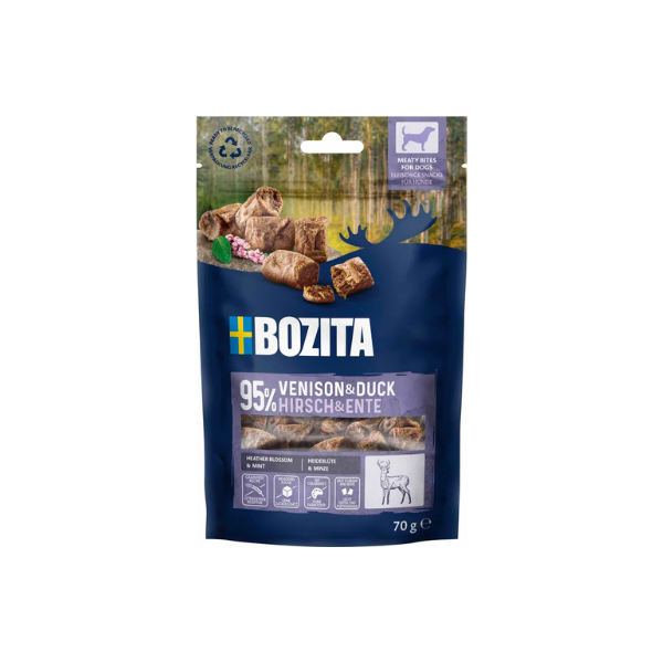 Hundegodbid - Bozita Snacks Meaty Bites Venison & Duck 70 gr. Kornfri - FjeldgaardShop.dk Godbidder & snacks til hunde Bozita