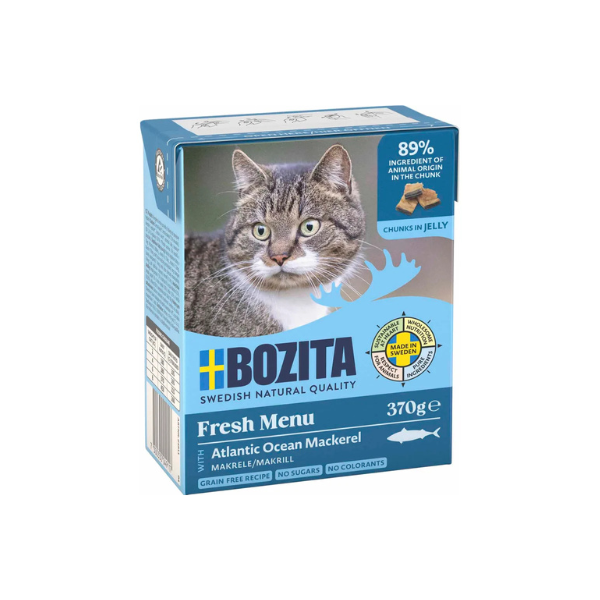 Bozita Makrel bider i Gelé Vådfoder til kat 370 gr.(EU) - FjeldgaardShop.dk Vådfoder til katte Bozita