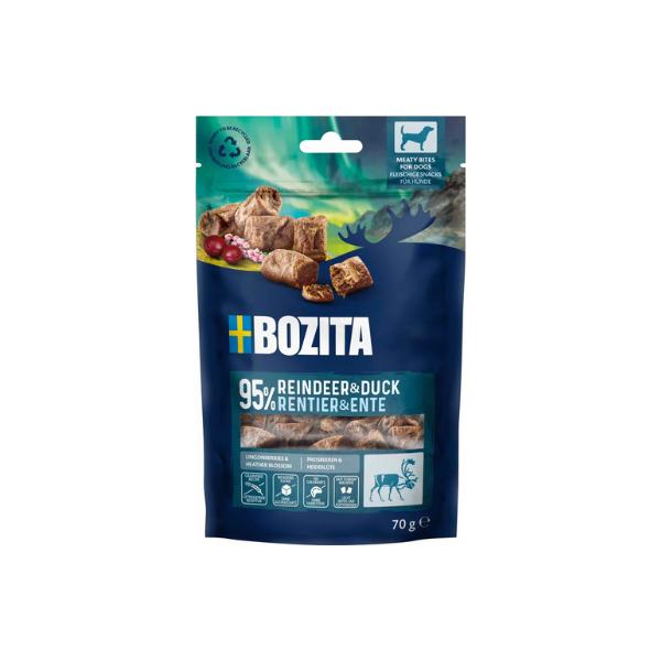 Hundegodbid - Bozita Snacks Meaty Bites Reindeer & Duck 70 gr. Kornfri - FjeldgaardShop.dk Godbidder & snacks til hvalpe Bozita