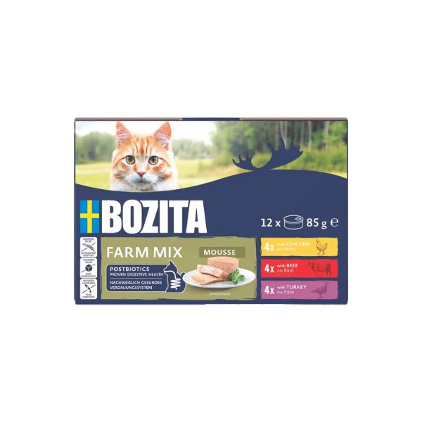 Vådfoder - Bozita Mousse Mixed Farm 12x85 gr. - FjeldgaardShop.dk Vådfoder til katte Bozita