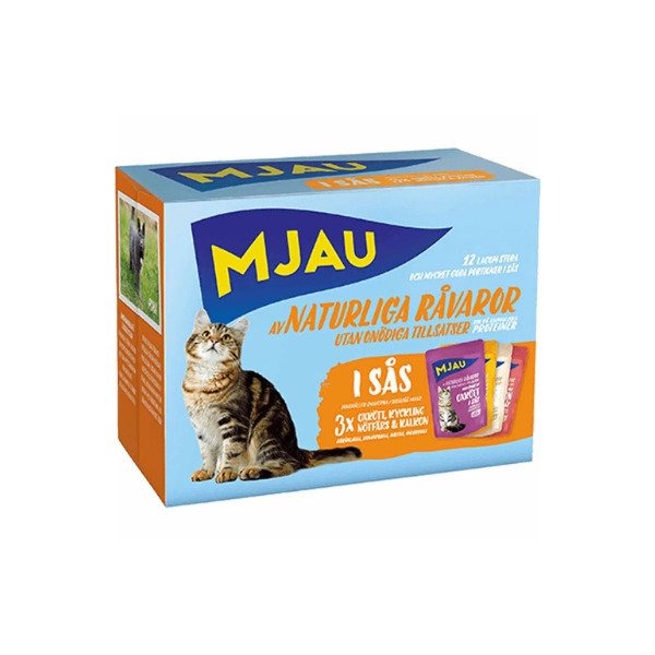 Mjau Pouch Multipack Kødvarianter i Sauce 12x85 gr.(EU) - FjeldgaardShop.dk Vådfoder til katte Doggy