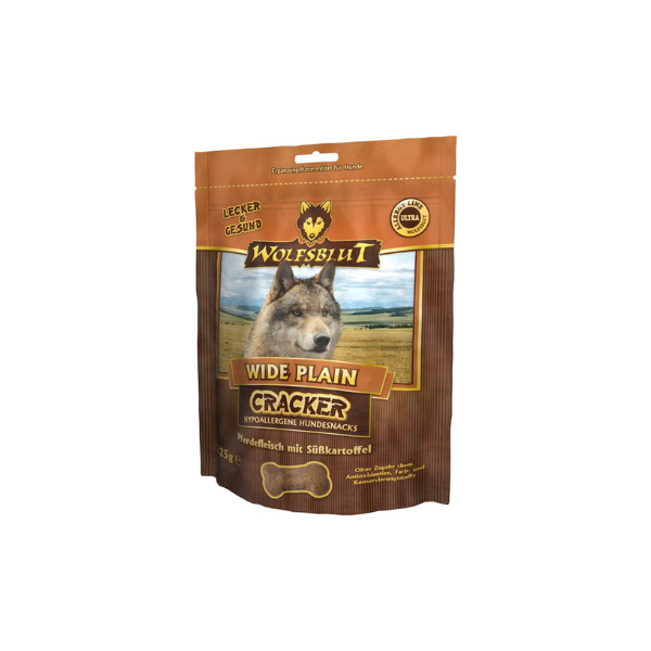 Hundegodbid - WOLFSBLUT Cracker Wide Plain med Hest & Sød Kartofler 225 gr. - FjeldgaardShop.dk Crunchy godbidder WOLFSBLUT