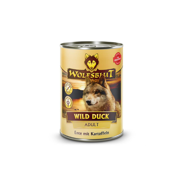 Vådfoder - Wolfsblut Wild Duck 395 gr. Kornfri - FjeldgaardShop.dk Vådfoder/dåsefoder til hunde WOLFSBLUT