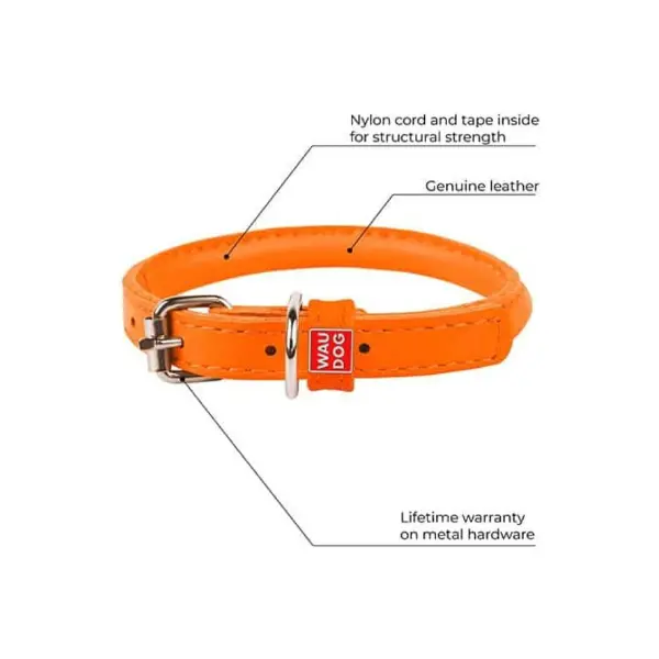 Waudog Soft Rundsyet Læderhalsbånd – Orange by Wauwdog