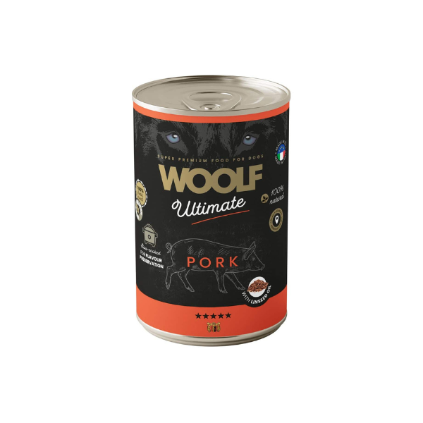 Vådfoder - Woolf Ultimate – Svinekød & Hørfrøolie 400 gr. - FjeldgaardShop.dk Vådfoder/dåsefoder til hunde Woolf